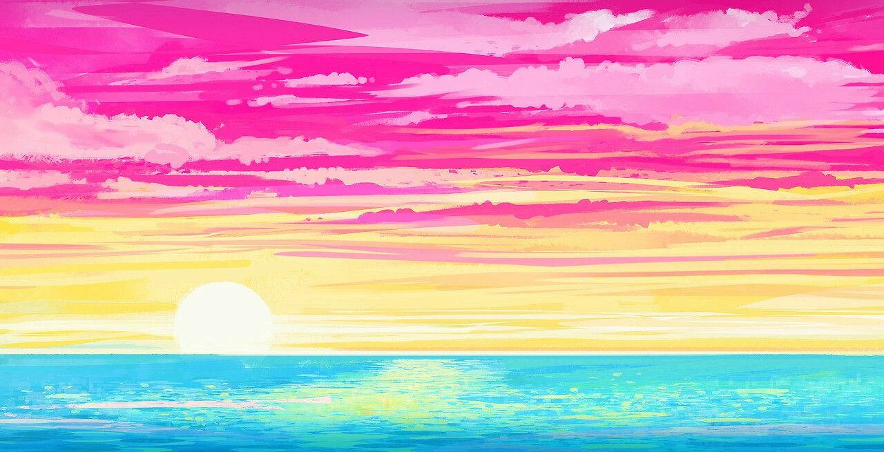 海洋上充滿活力的日落，帶有粉紅、黃色和藍色色調。