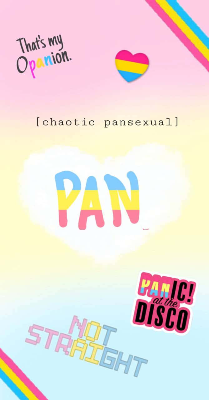 彩色圖形，帶有慶祝混亂泛性戀和Panic! at the Disco的文字。