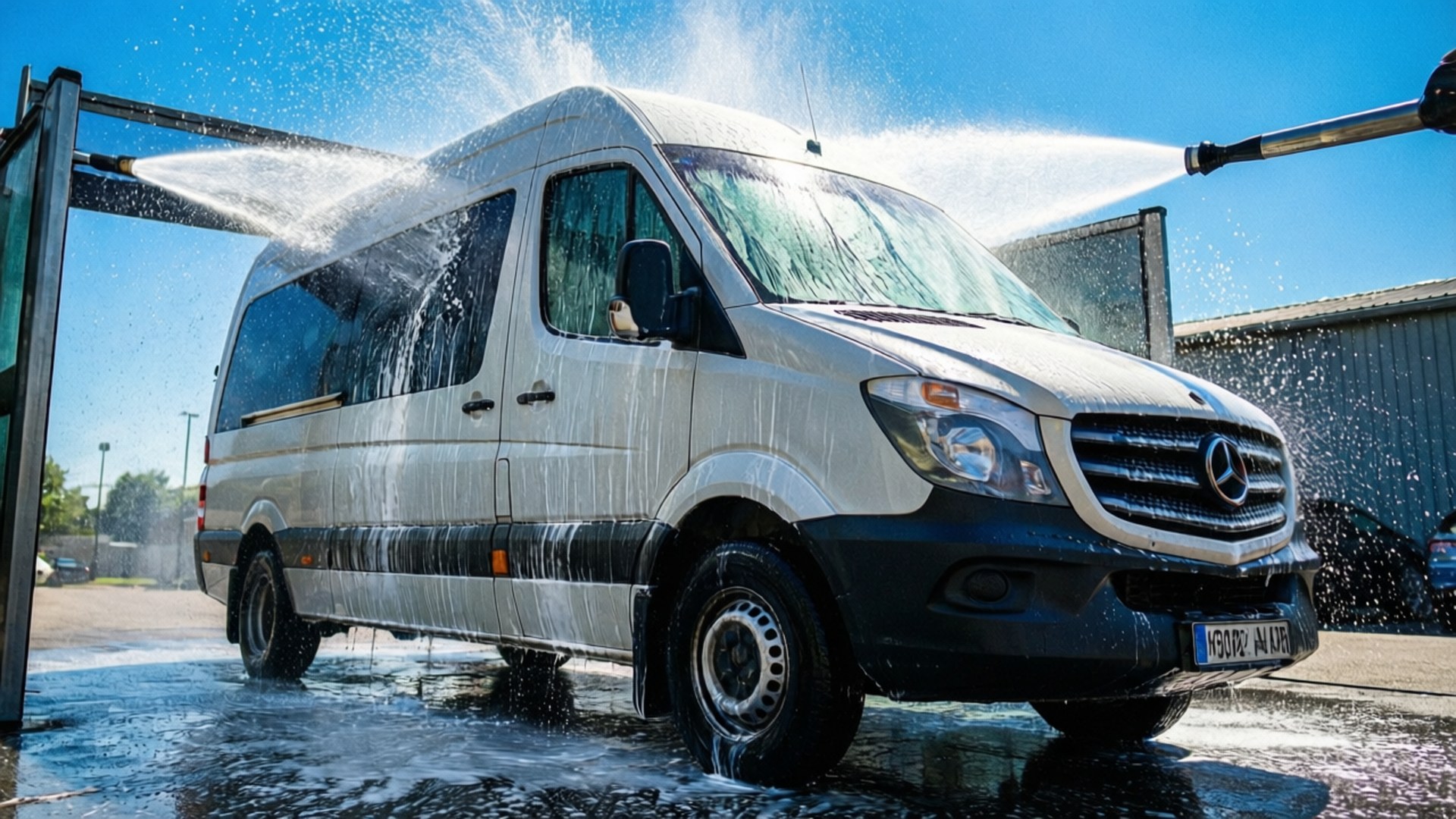 在工業洗車場用高壓水槍清洗的白色客貨車。