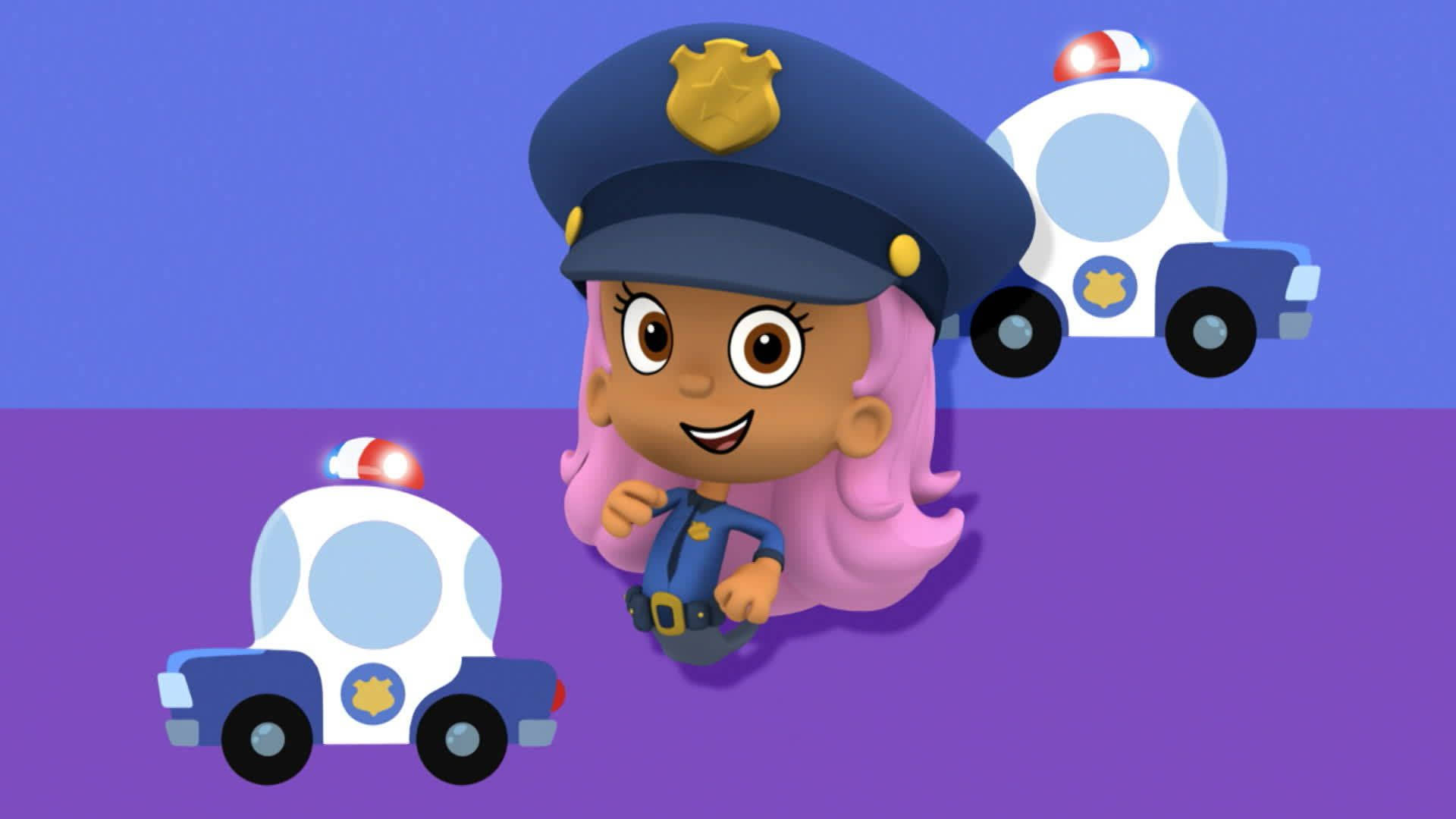 一個粉紅色頭髮的卡通女警和兩輛警車。
