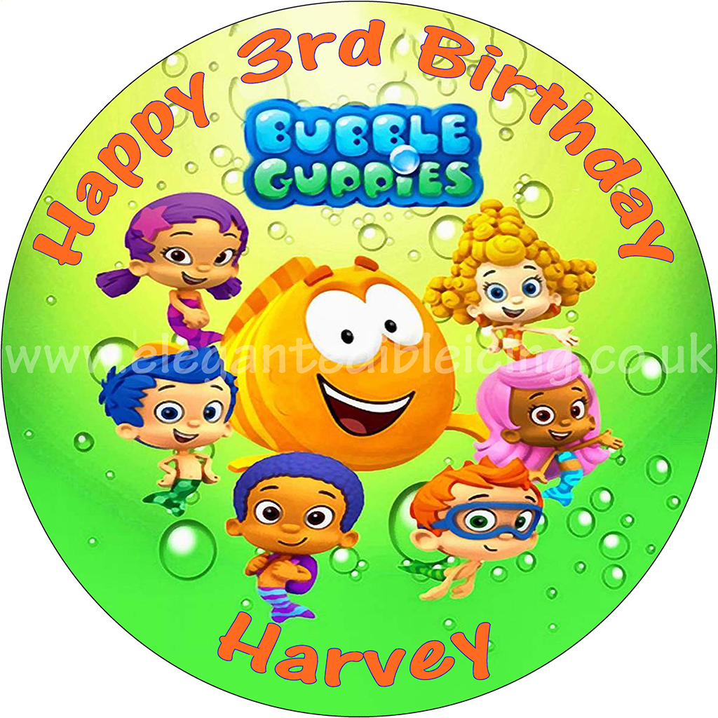 泡泡小鯊哈維三歲生日蛋糕頂飾 壁紙 — 圓形生日蛋糕裝飾，Bubble Guppies 角色在綠色水中游泳，帶有氣泡和文字。