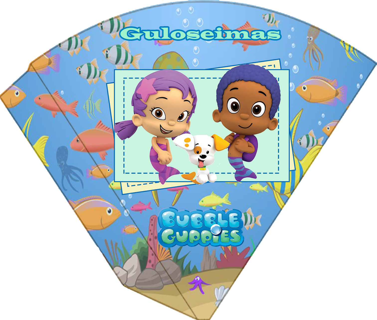 泡泡小鯊朋友與寵物 壁紙 — 色彩繽紛的扇形派對橫幅，上面有 Bubble Guppies 的卡通角色在魚和珊瑚之間游泳。