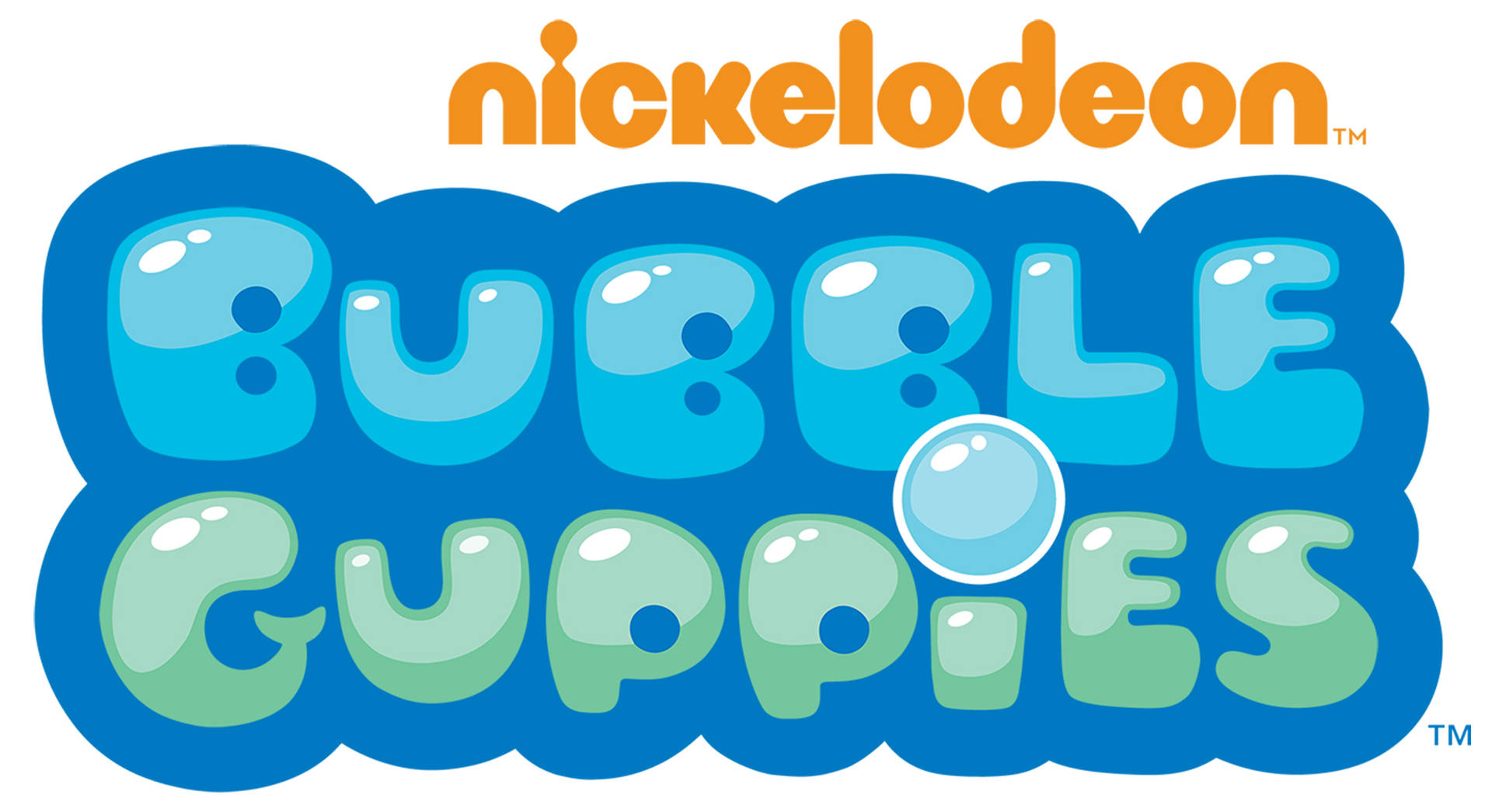 Bubble Guppies 標誌，帶有氣泡般的藍色和綠色字母。