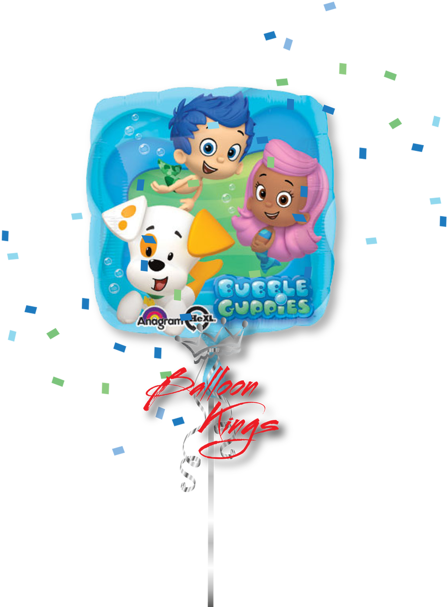泡泡小鯊氣球裝飾 壁紙 — 一個色彩繽紛的 Bubble Guppies 箔氣球，周圍漂浮著五彩紙屑，背景為黑色。