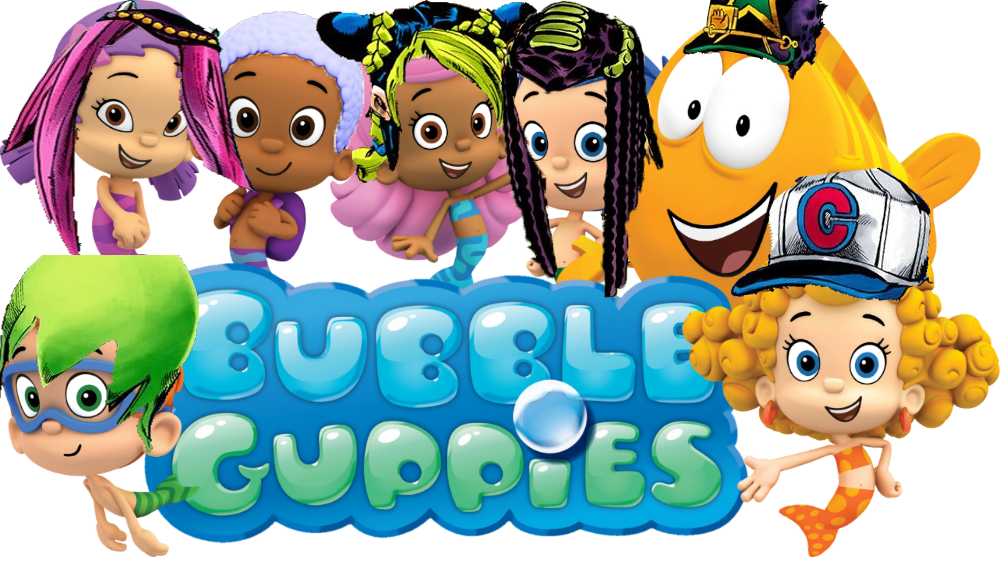 泡泡小鯊角色宣傳圖 壁紙 — 色彩繽紛嘅 Bubble Guppies 卡通角色喺節目嘅泡泡標誌周圍微笑。