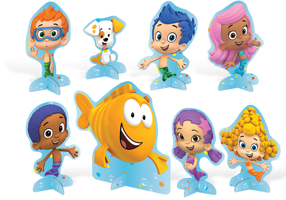 泡泡小鯊角色戲水 壁紙 — 色彩繽紛嘅 Bubble Guppies 卡通角色企喺泡泡平台上，背景係黑色。