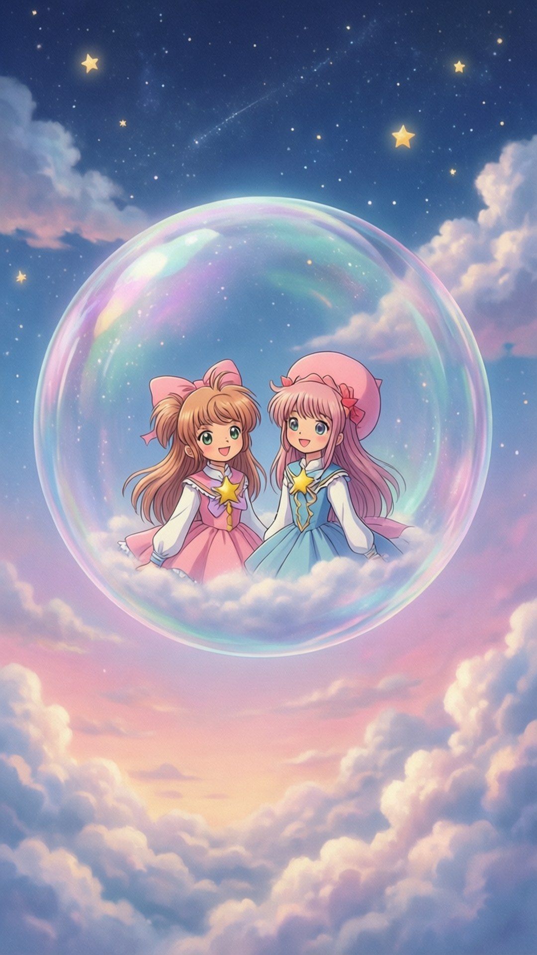 兩個穿著星星連衣裙的動漫女孩在泡泡內漂浮在暮色雲朵之上。
