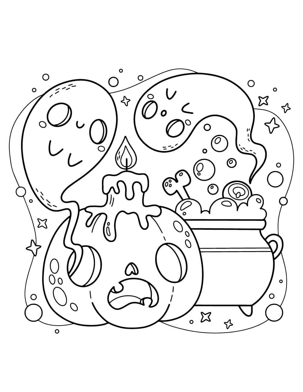 泡泡浴幽靈萬聖節塗色圖 壁紙 — 一個古怪的黑白線條畫，畫有一個冒泡的大鍋、可愛的卡通氣泡和一支正在融化的蠟燭。