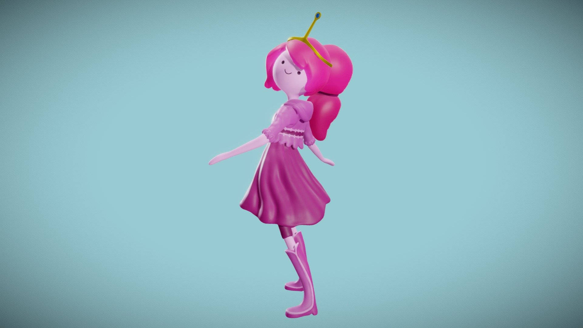 泡泡糖公主3D藝術作品 壁紙 — 一個開心的粉紅色櫻桃角色，穿著相配的連衣裙和靴子，在柔和的藍色漸變背景前擺姿勢。