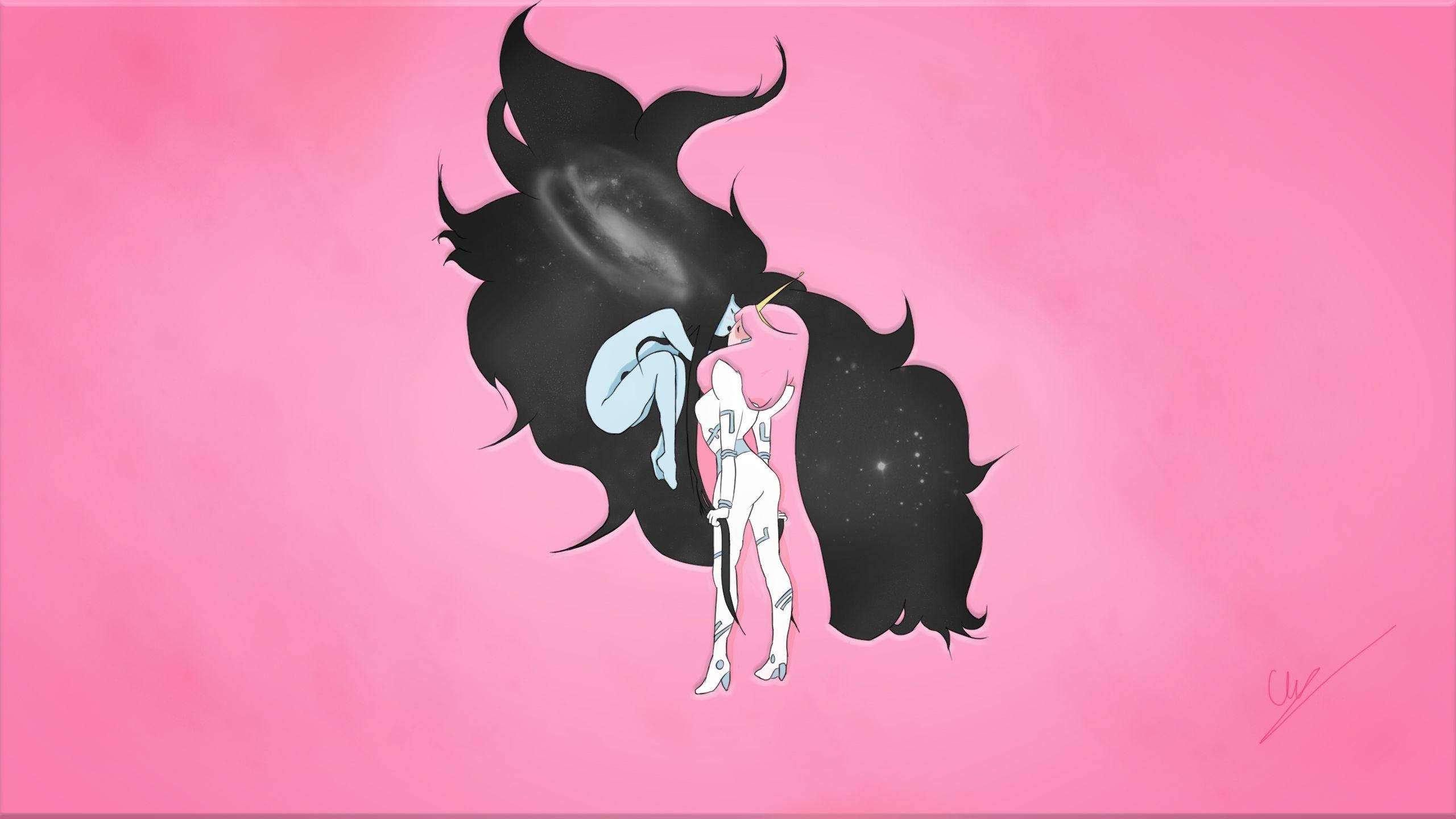 泡泡糖公主與瑪瑟琳粉紅藝術 壁紙 — 一個風格化的動漫女孩，紮著粉紅色馬尾辮，黑色頭髮漩渦，在柔和的粉紅色背景上握著劍。