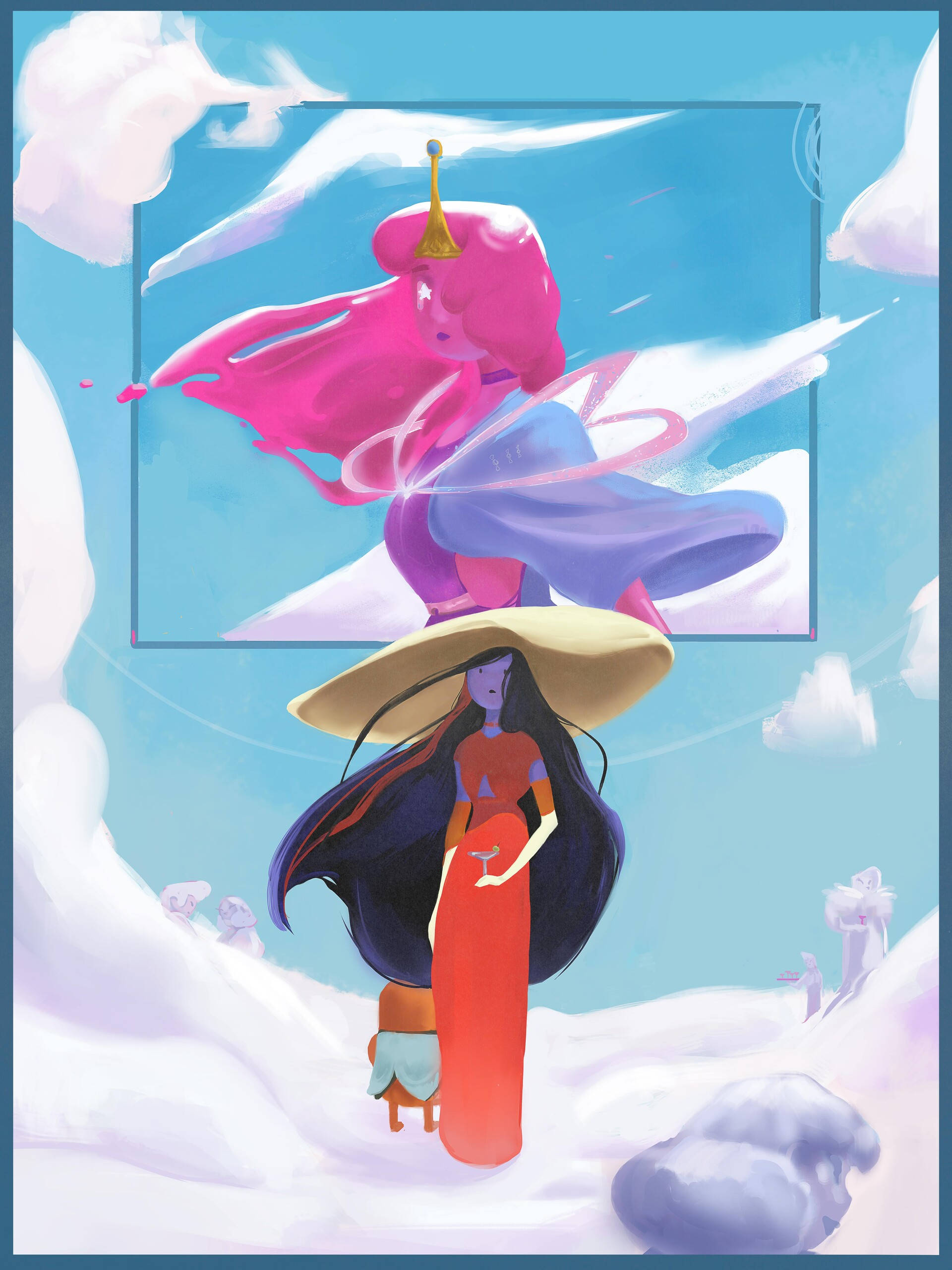 泡泡糖公主與馬塞琳數位藝術 壁紙 — 一位身穿紅色連衣裙和寬邊帽的女性站在雪地上，下方是一幅鑲框的粉紅髮仙女畫像，身穿飄逸長袍。