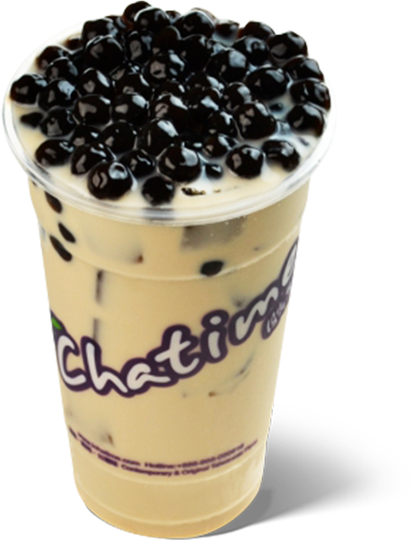 泡泡茶配黑珍珠 壁紙 — 一杯 creamy 的 Chatime 珍珠奶茶，配上光滑的黑珍珠，裝在透明膠杯中。