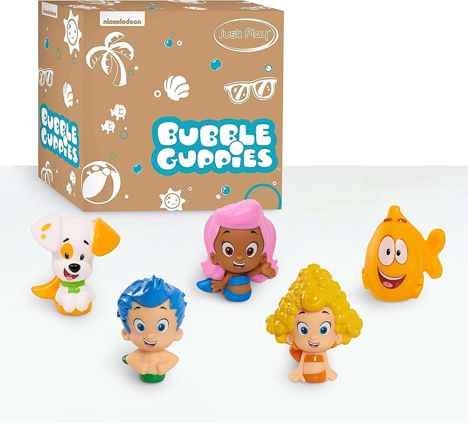 泡泡魚探索新世界！ 壁紙 — 五個色彩繽紛的 Bubble Guppies 玩具公仔在它們的品牌紙箱前，對著潔白的背景愉快地微笑。