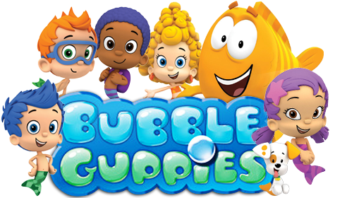 泡泡魚群集體圖像 壁紙 — 色彩繽紛的 Bubble Guppies 卡通角色在白色背景上愉快地圍繞著他們的泡泡標誌。