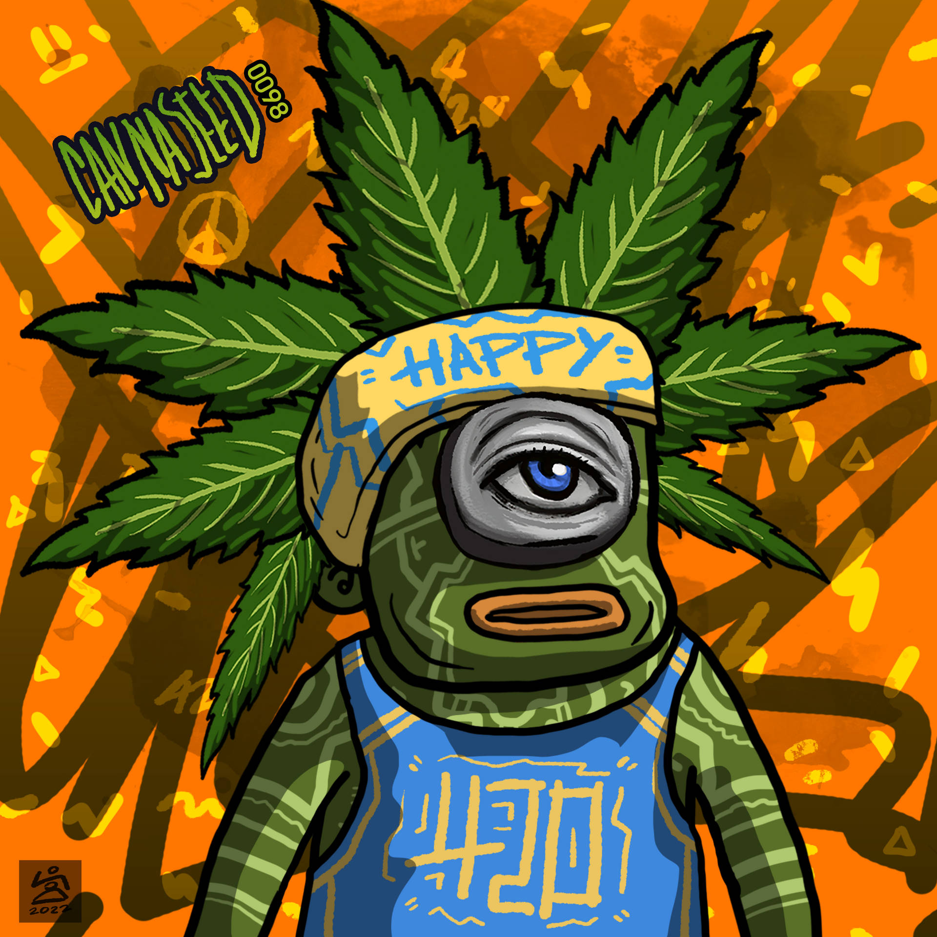 卡通角色，有大麻葉和快樂頭帶，橙色塗鴉背景。