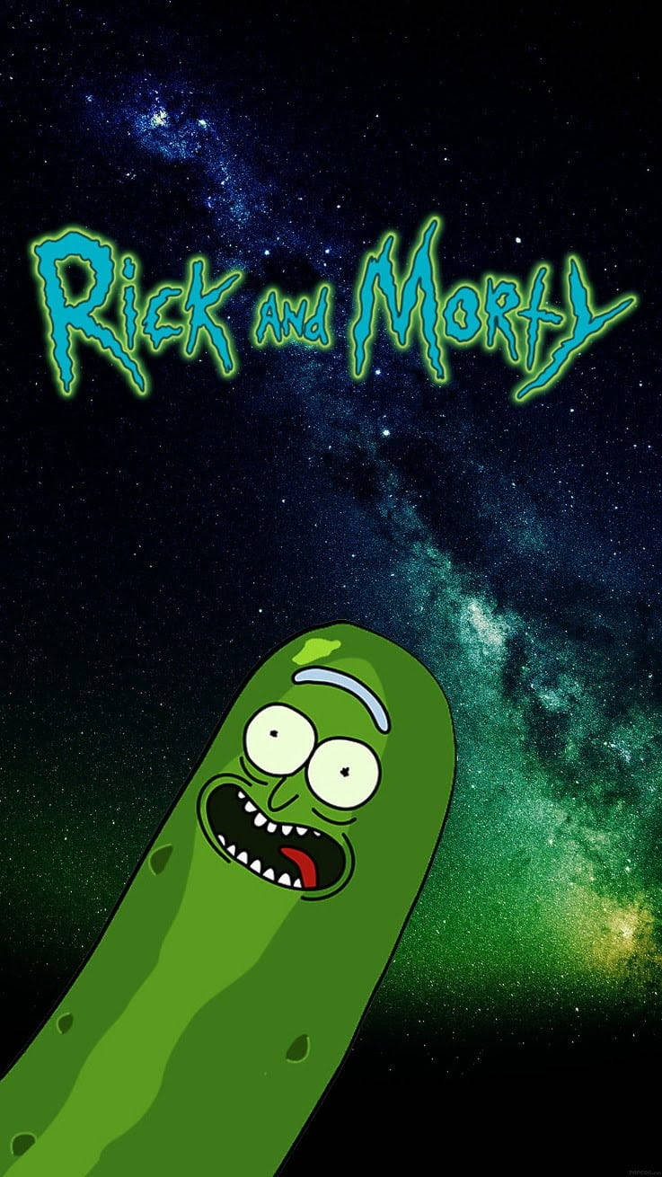 綠色醃青瓜角色，大眼睛，星空背景，Rick and Morty標題。