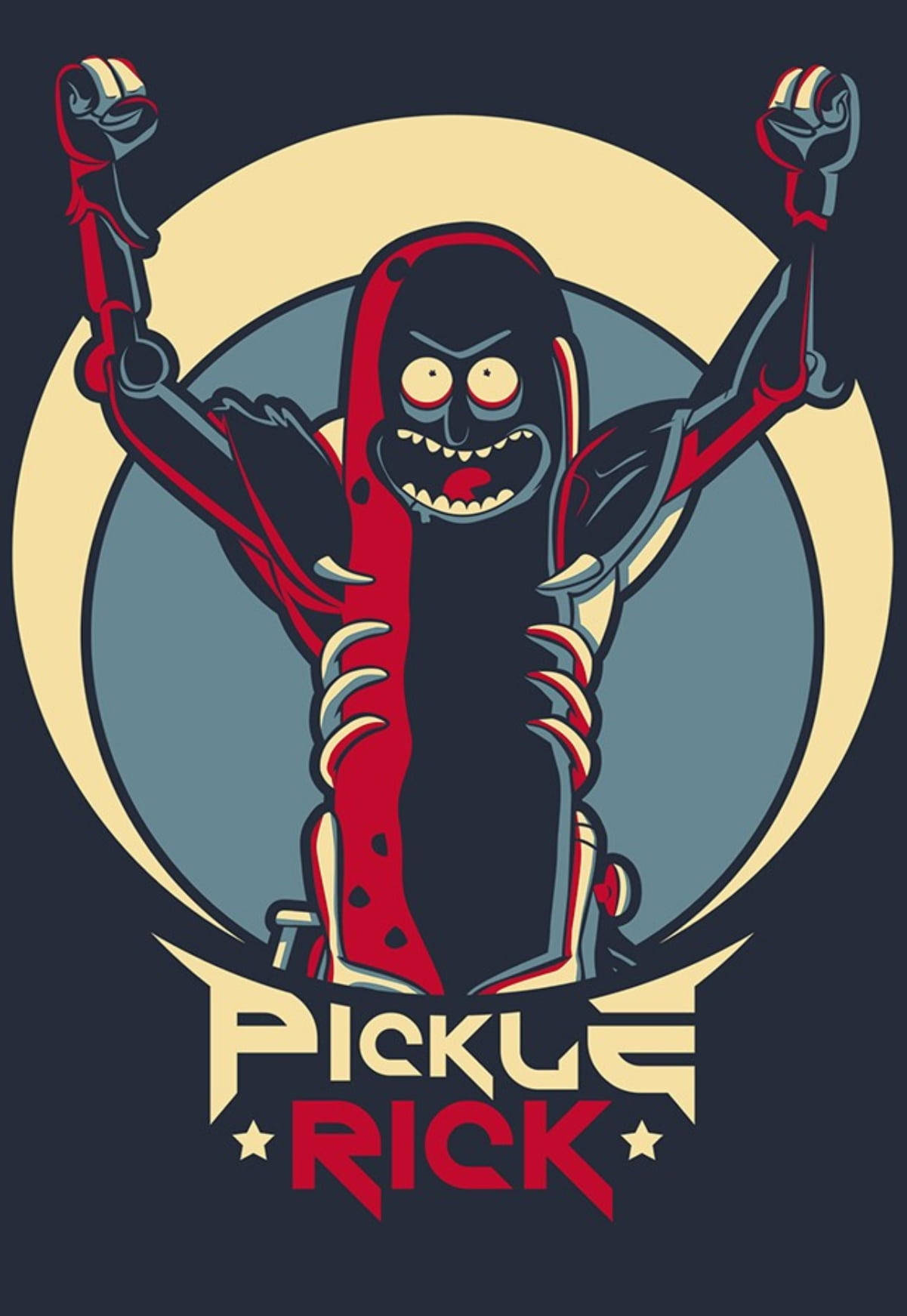Pickle Rick 卡通角色，雙臂高舉勝利姿勢。