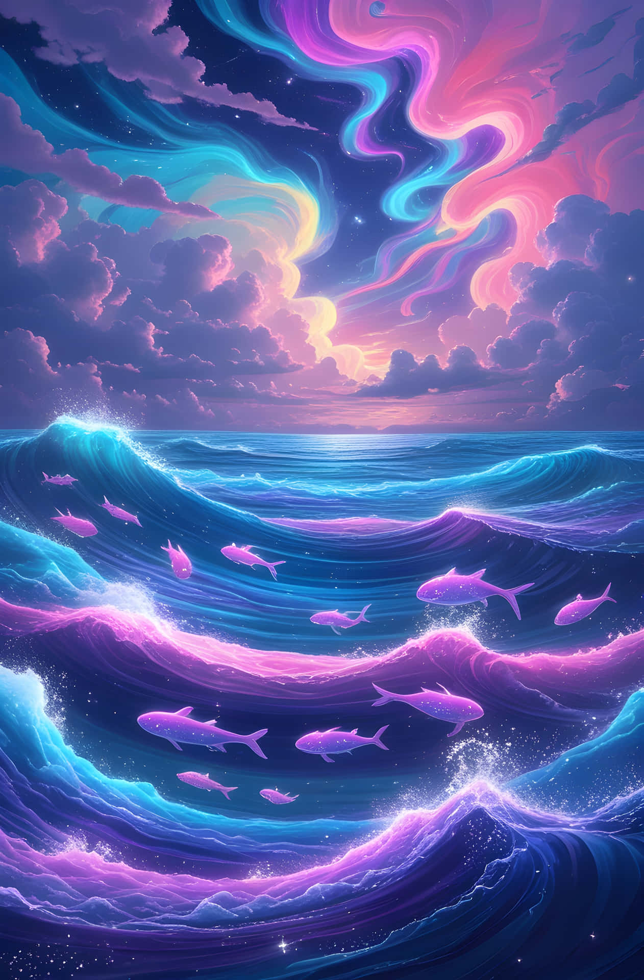 霓虹藍色和紫色海洋波浪，在漩渦宇宙天空下帶有發光魚類和星星