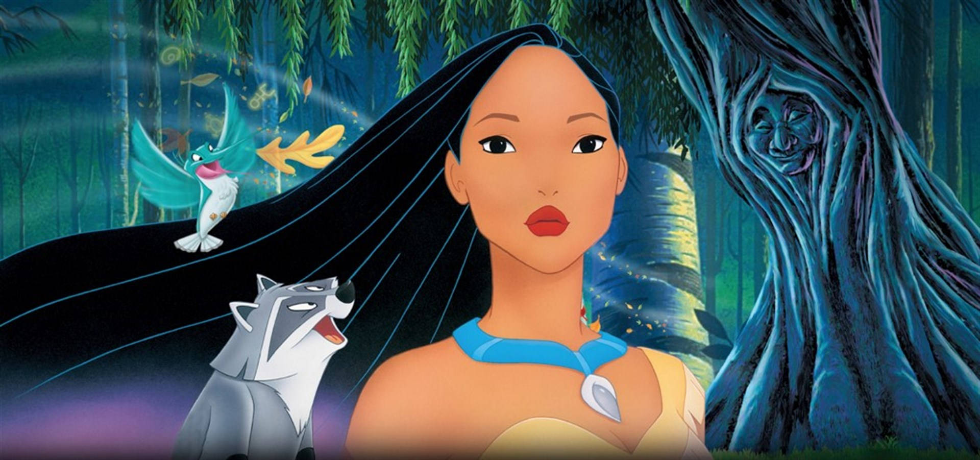 Tiana 與浣熊和鳥在魔法森林中，有樹精。