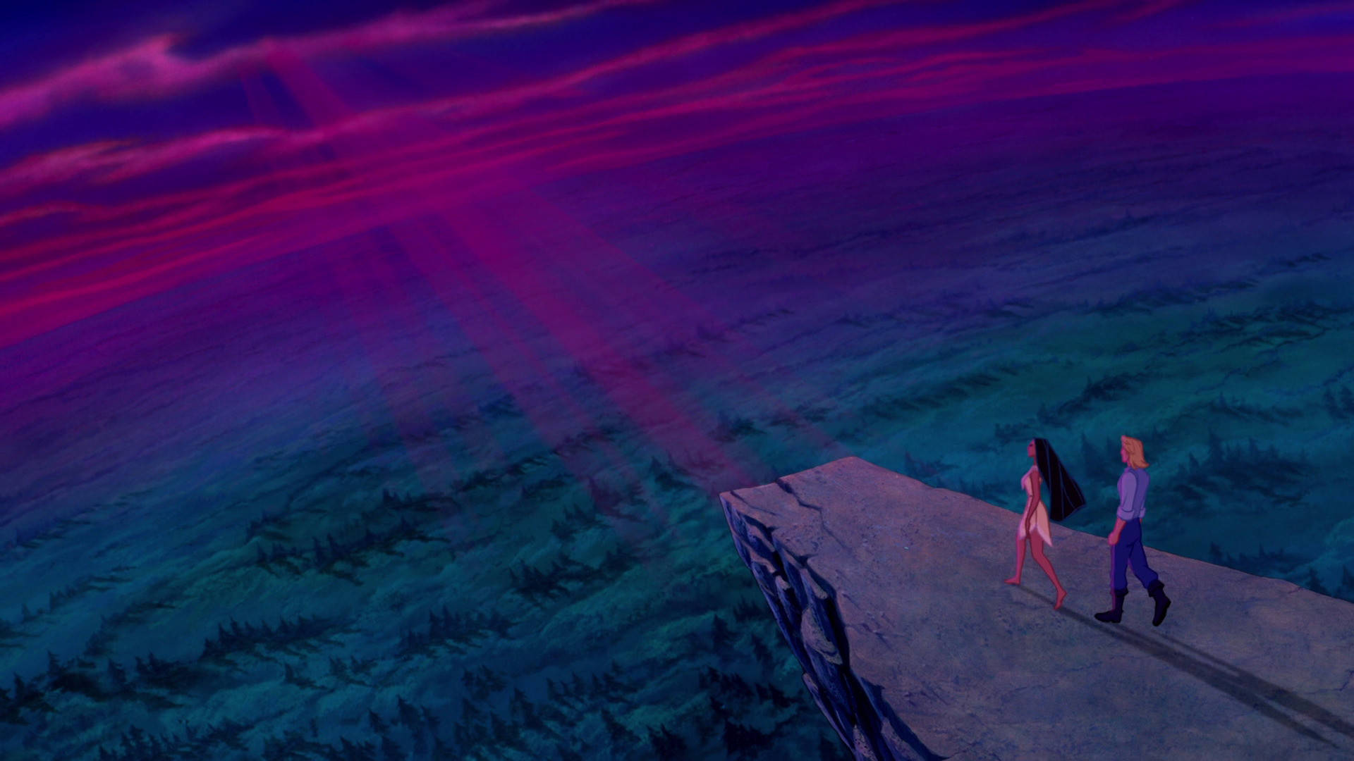 兩個動漫角色在日落時分走在懸崖上，天空呈現鮮豔的紫色和粉紅色。