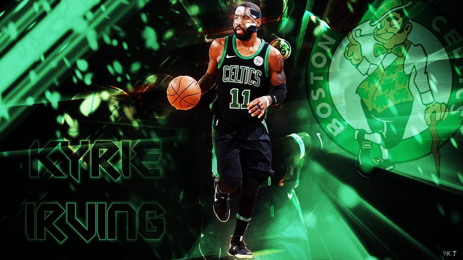 波士頓塞爾提克隊 薛里·艾弗森 壁紙 — Kyrie Irving 身穿塞爾特人球衣，在充滿活力的綠色抽象背景前運球，背景有球隊標誌和發光文字。