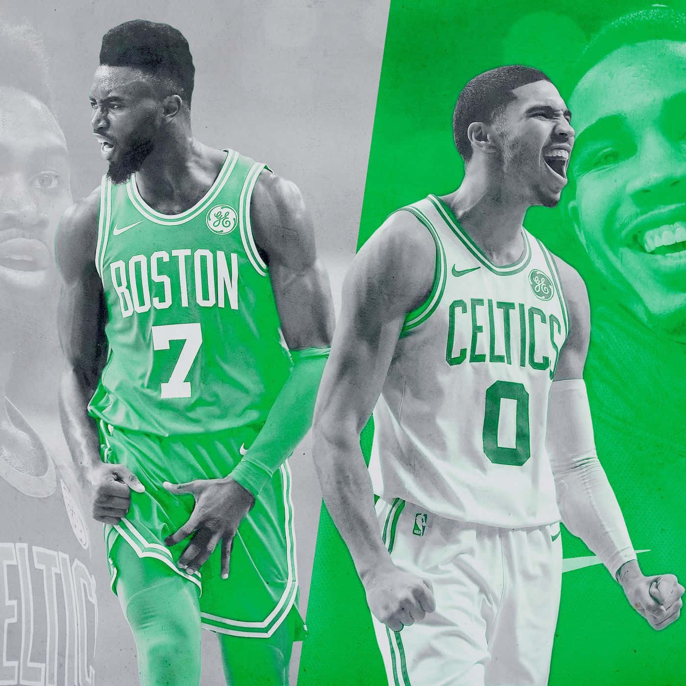 波士頓塞爾提克隊勢頭正旺 壁紙 — 兩名身穿綠色和白色球衣的波士頓塞爾特人籃球運動員在分裂的綠色和灰階背景前以強烈的表情慶祝。