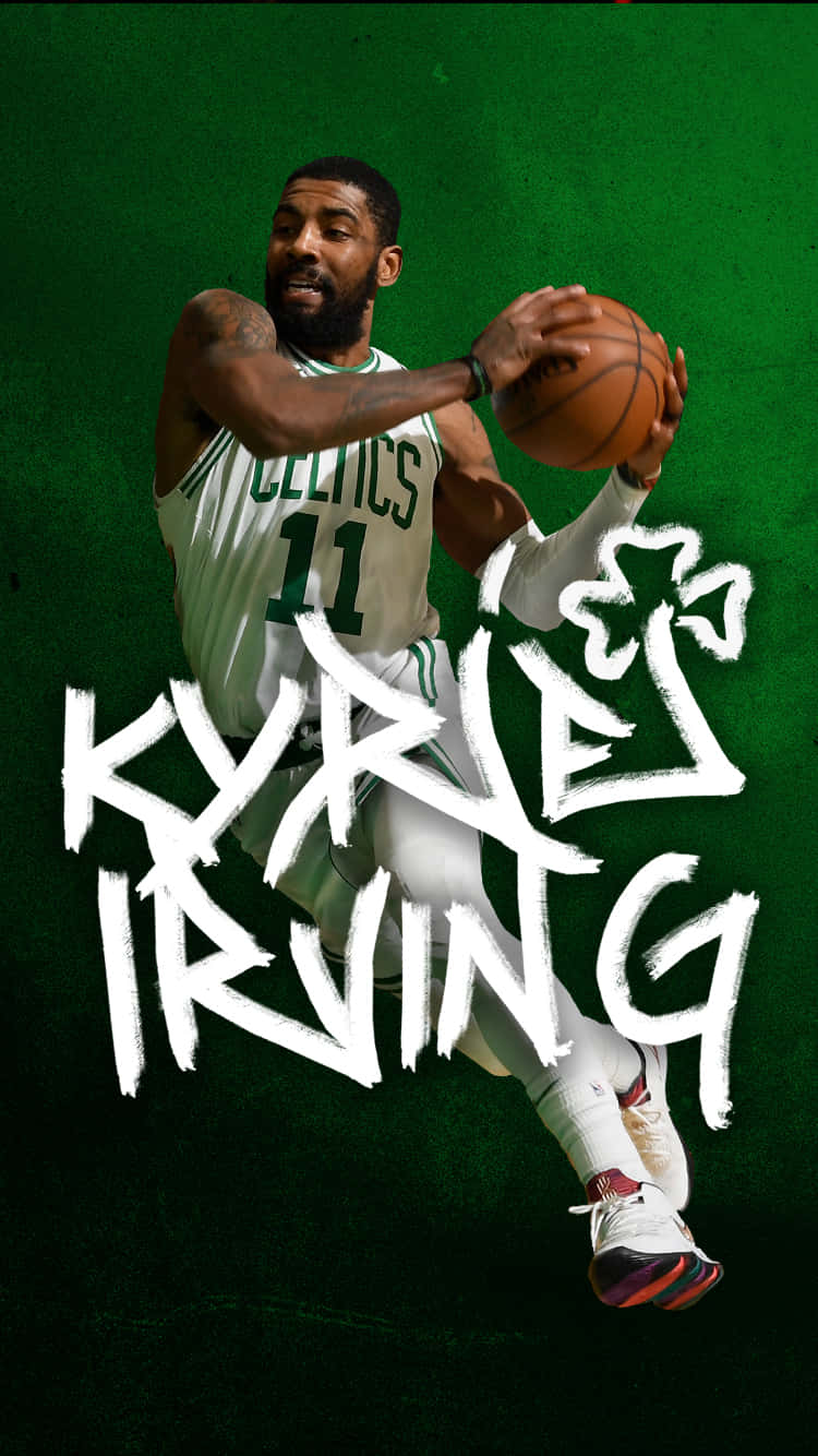 波士頓塞爾提克隊準備迎接勝利 壁紙 — Kyrie Irving 身穿塞爾特人球衣，在紋理綠色背景上運球，並帶有粗體白色塗鴉風格的名字覆蓋層。