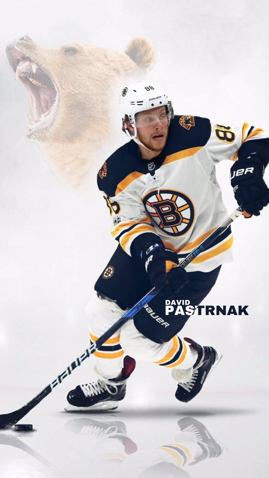 波士頓棕熊隊大衛·帕斯特納克與咆哮灰熊 壁紙 — 冰球運動員 David Pastrnak 身穿棕熊隊裝備，在反光的冰場上向前衝刺，身後有一隻咆哮的熊頭。