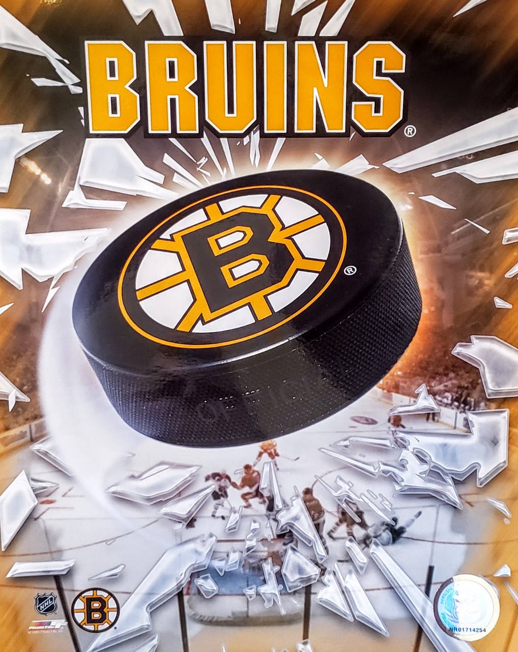 Boston Bruins Logo Hockey Puck 壁紙 — 波士頓棕熊隊的冰球擊碎玻璃，下方可見球員的動態動作鏡頭。