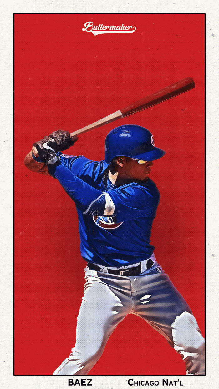 棒球運動員 Javier Baez 身穿芝加哥小熊隊球衣揮棒。
