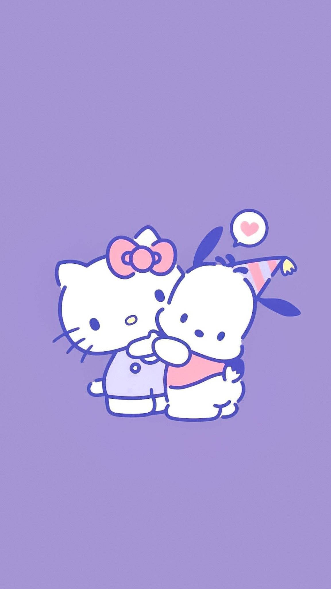 波奇與凱蒂貓 壁紙 — Hello Kitty 同 My Melody 喺柔和紫色背景上溫暖擁抱，仲有個心形對話氣泡。