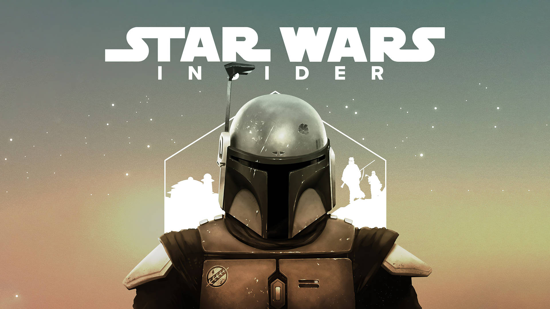 身穿盔甲的曼達洛戰士，帶有Star Wars Insider文字，背景為星空。