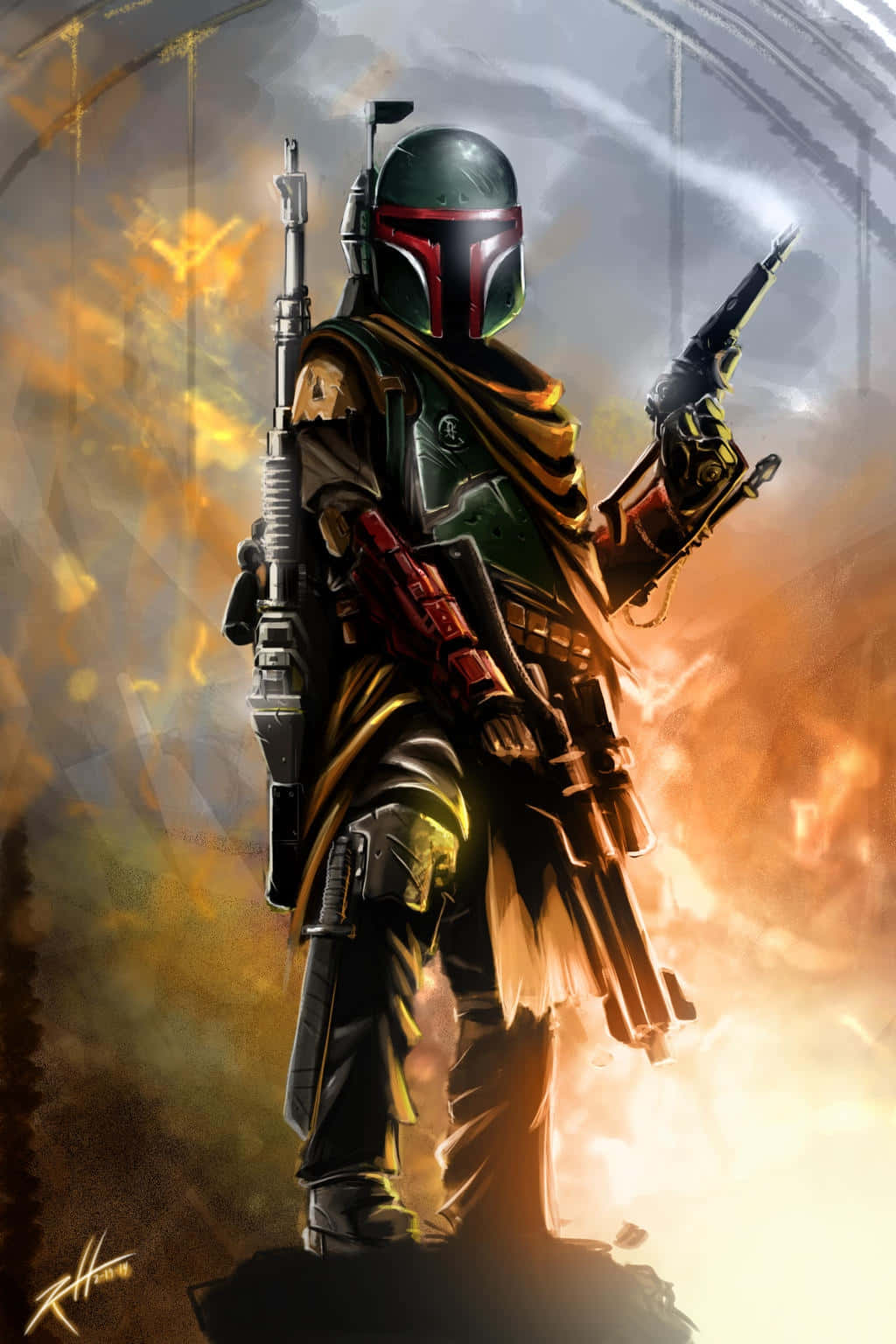 Jango Fett 桌布 壁紙 — 波巴·費特以英雄姿態手持爆能槍，背景是熾熱的橙色和灰色。