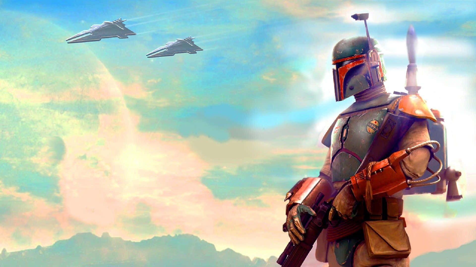 Jango Fett 桌布 壁紙 — 波巴·費特側身站在鮮豔的天空下，兩架星際戰鬥機在遠處的山脈上空飛過。