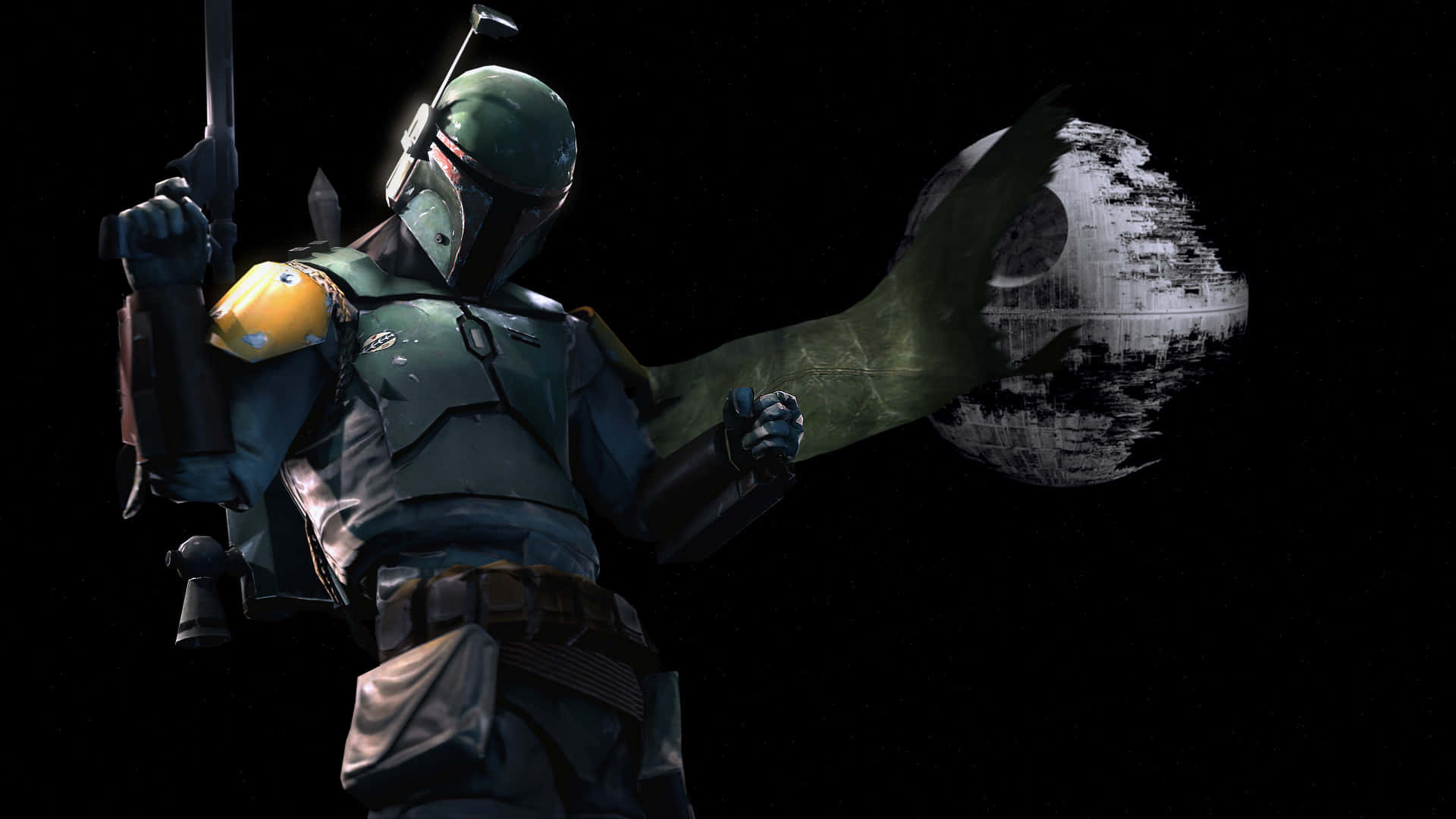 The War Of The Bounty Hunters 桌布 壁紙 — 波巴·費特在太空中手持爆能槍，身後死星在星空中隱現。