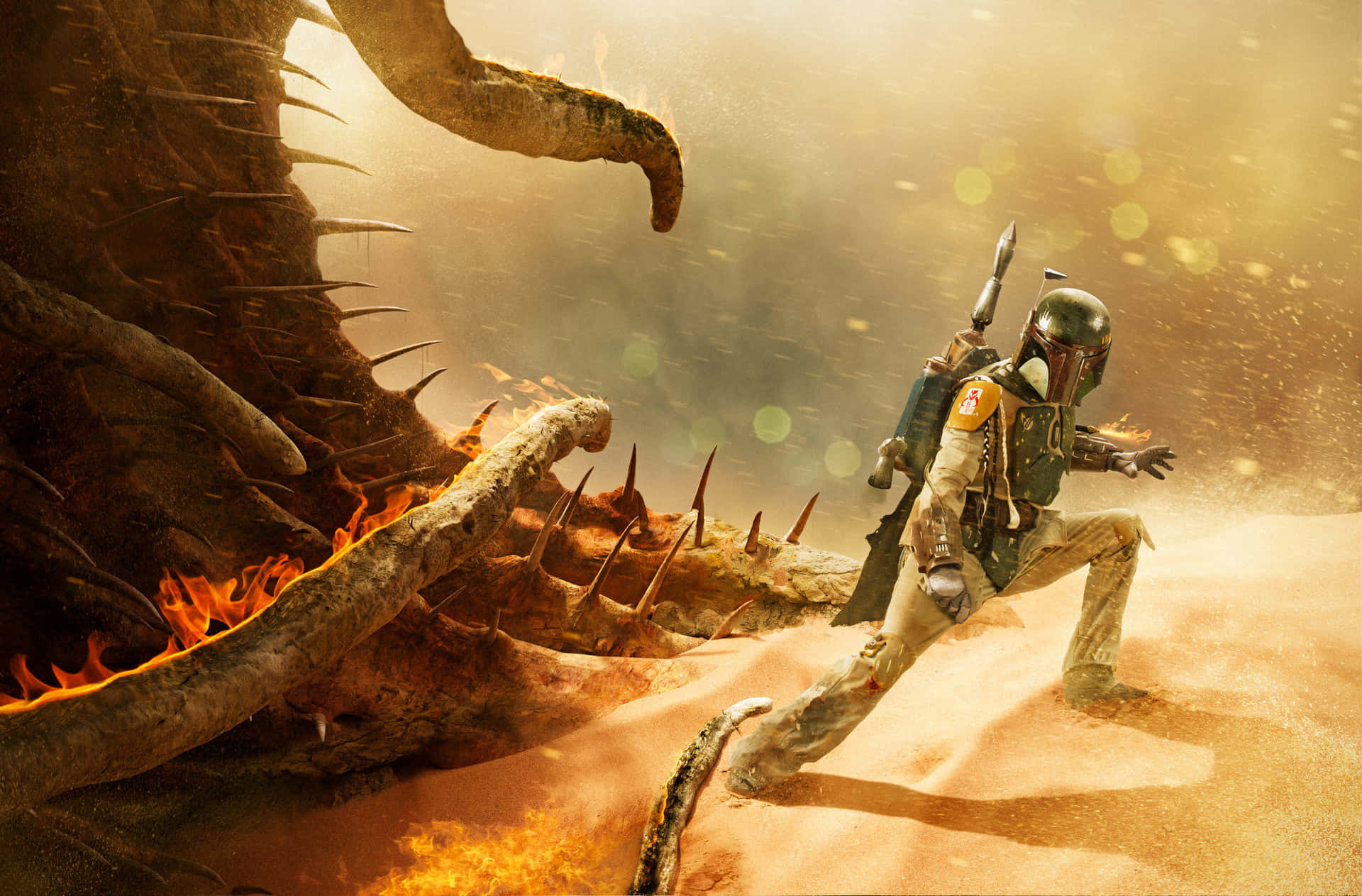 The Sarlacc Pit 桌布 壁紙 — 波巴·費特在金色夕陽下嘅塵土飛揚沙漠戰場上，避開一隻巨大多刺生物嘅火熱尾巴。