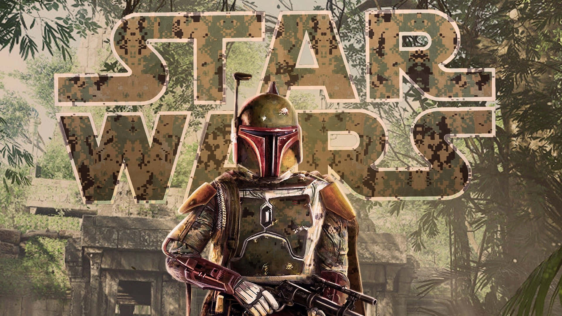 Jango Fett 桌布 壁紙 — 波巴·費特站在叢林廢墟中，下方是帶有迷彩紋理的像素化星際大戰標誌。