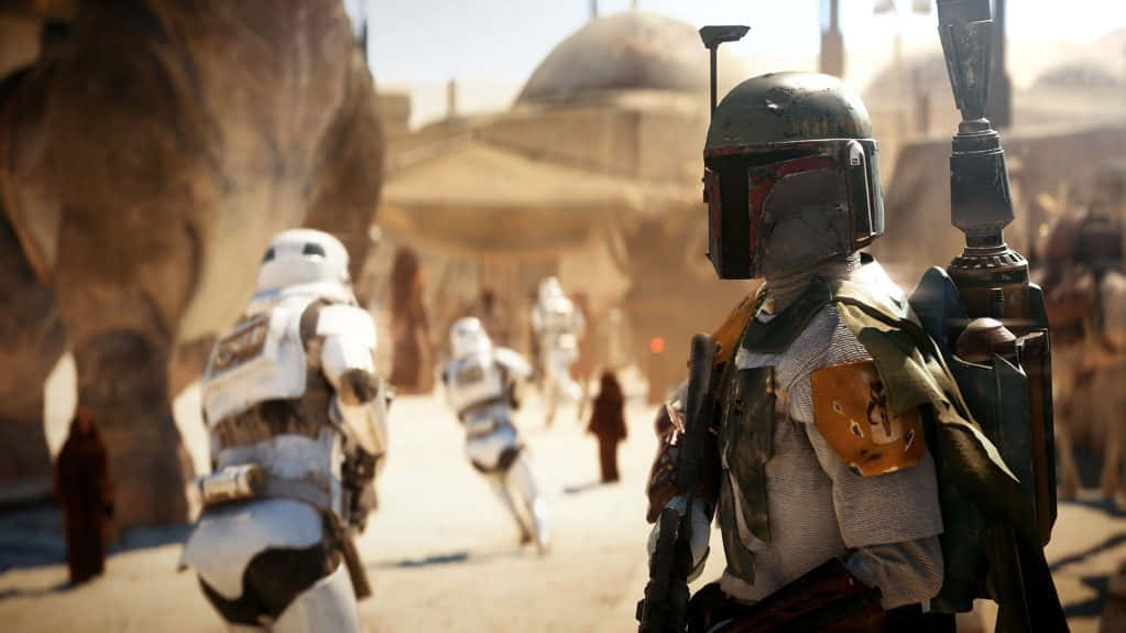 Mos Eisley 桌布 壁紙 — 波巴·費特站在塵土飛揚的沙漠市集中，風暴兵在烈日下行進。
