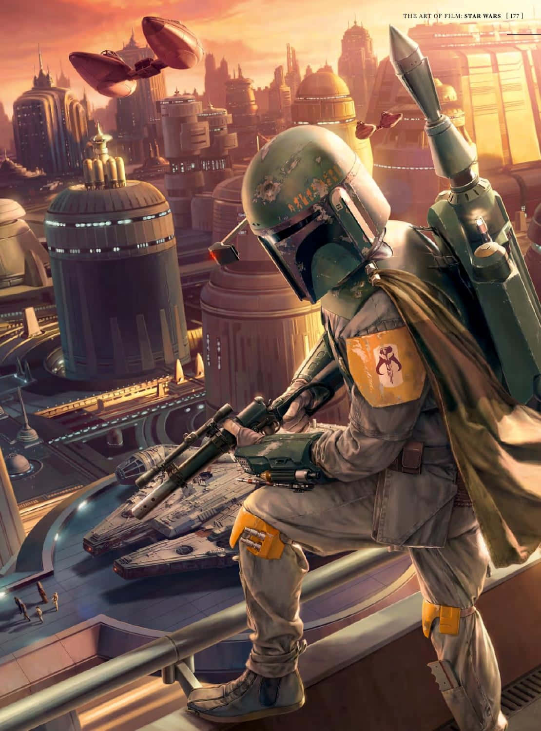Jango Fett 桌布 壁紙 — 波巴·費特蹲在屋頂上，俯瞰著日落時分廣闊的未來城市景觀，下方有飛行車輛和星際飛船。