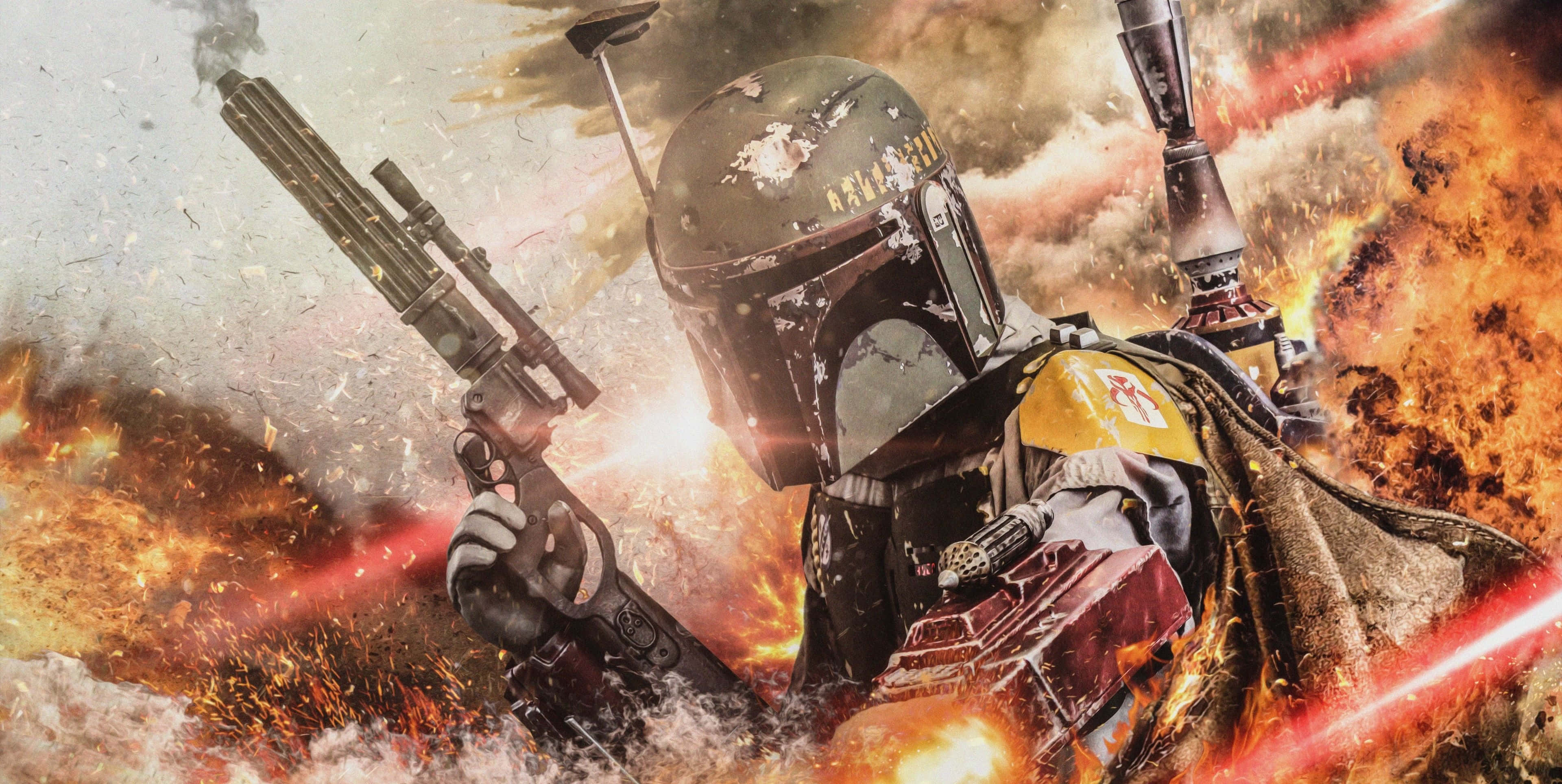 Boba Fett 桌布 壁紙 — 波巴·費特身穿全副盔甲，在混亂的戰鬥場景中，於熾熱的爆炸和煙霧中發射雙管爆能槍。