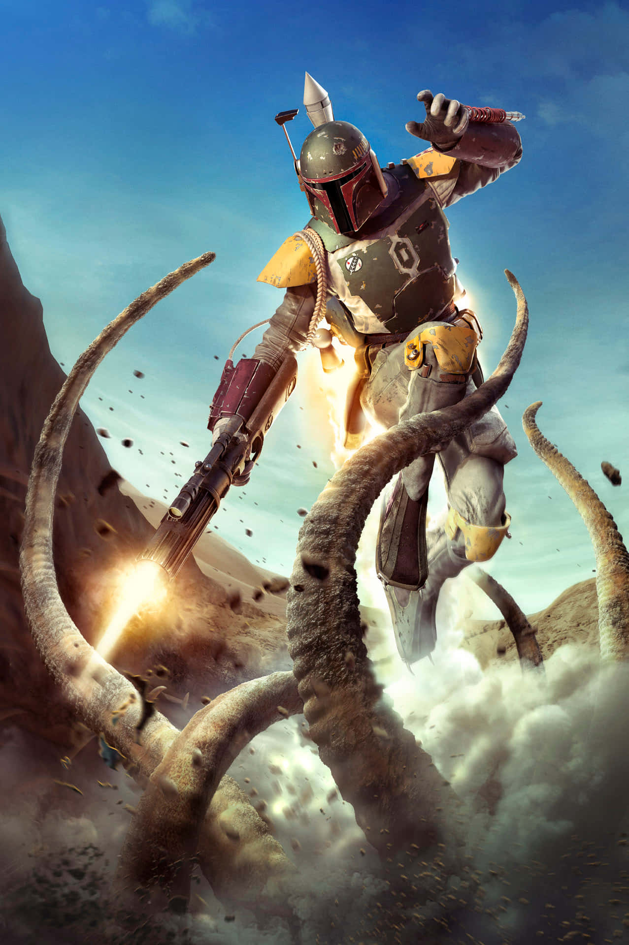 The Sarlacc Pit 桌布 壁紙 — 波巴·費特身穿全套盔甲，在沙漠戰鬥中發射爆能槍，巨大的觸手從地面噴湧而出。