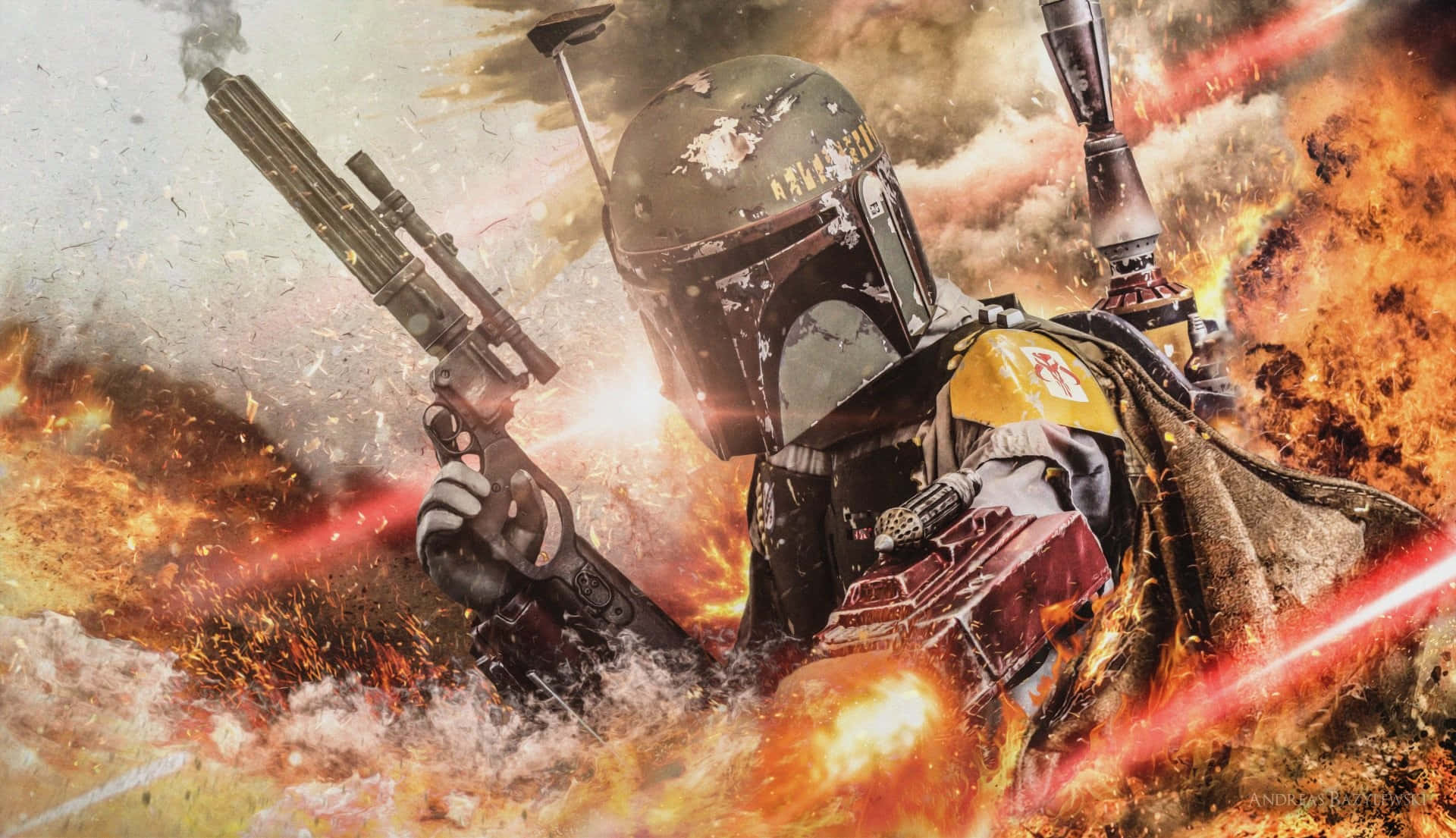 Jango Fett 桌布 壁紙 — 波巴·費特身穿全套盔甲，在混亂的戰鬥場景中，於熾熱爆炸和煙霧中揮舞爆能槍。