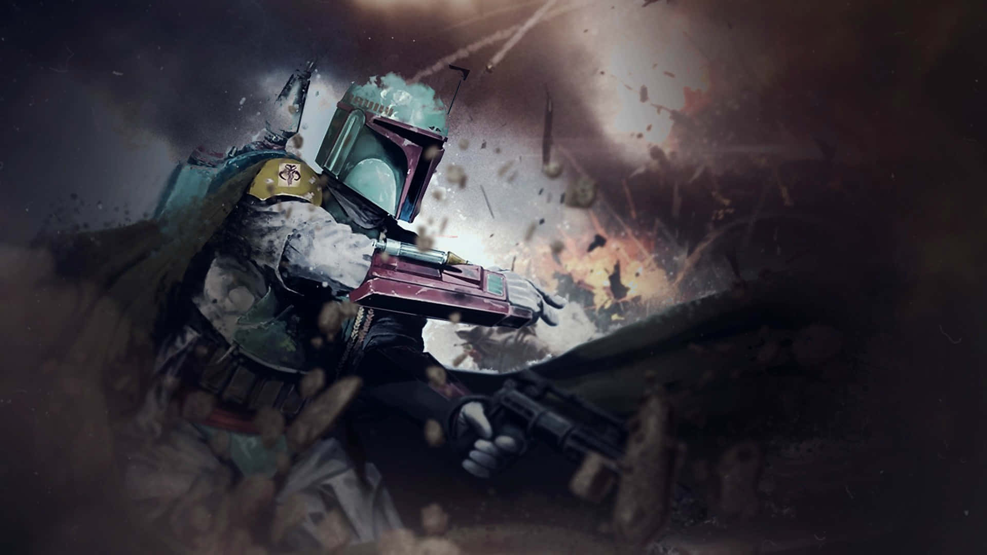 The War Of The Bounty Hunters 桌布 壁紙 — 波巴·費特身穿戰鬥盔甲，在爆炸碎片和煙霧中發射爆能槍，呈現 gritty 科幻戰鬥場景。