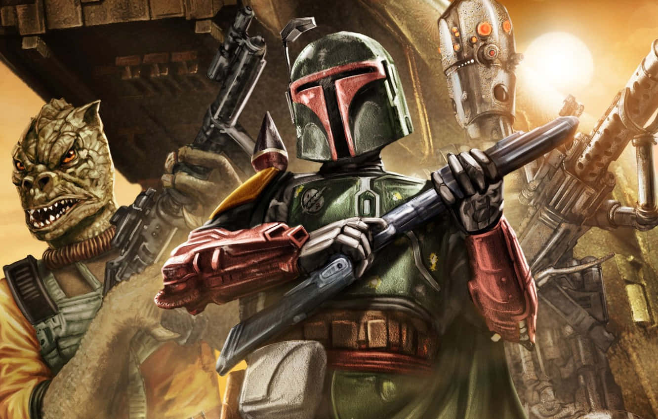 The War Of The Bounty Hunters 桌布 壁紙 — 波巴·費特身穿綠色盔甲，手持爆能槍，一個威脅性的外星人和機器人伴隨左右，身處 gritty 科幻場景。