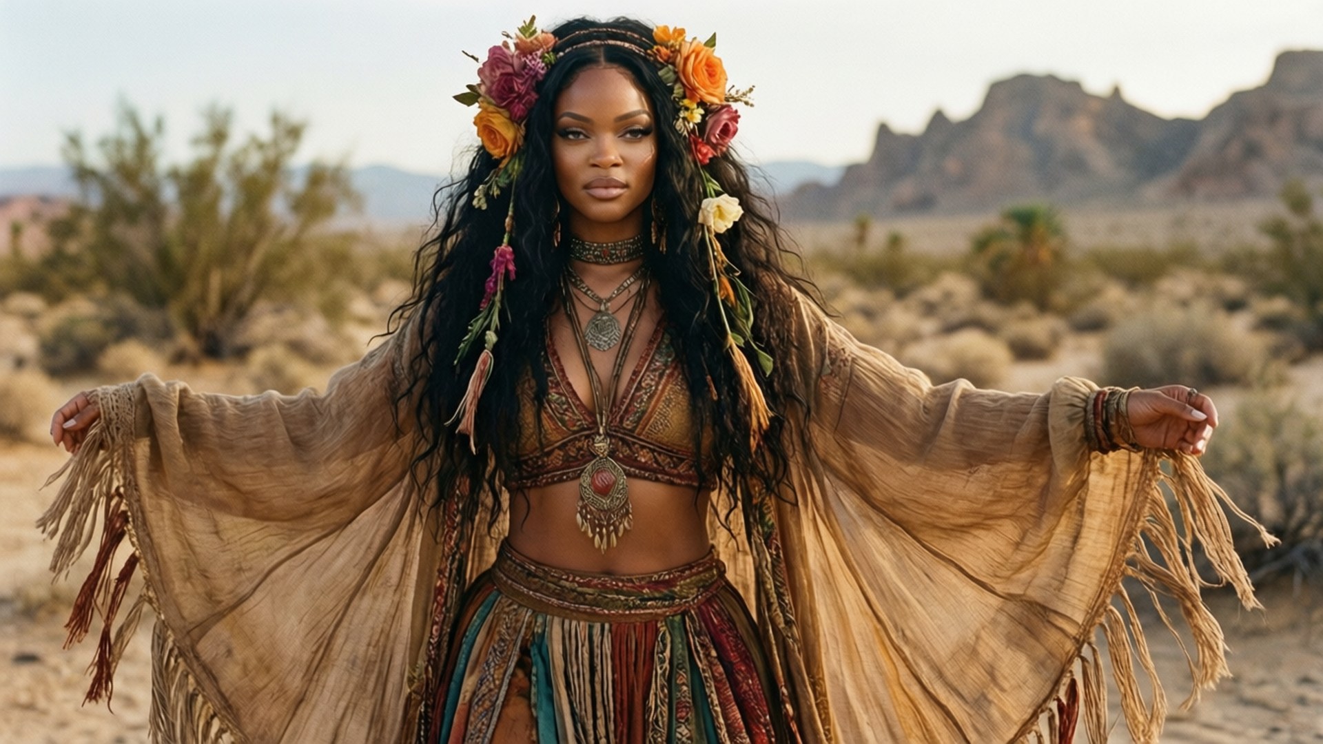 波希米亞吉卜賽 Rihanna 壁紙 — 一位戴著鮮豔花冠、穿著飄逸波希米亞服飾的女性，自信地站在陽光明媚的沙漠景觀中，遠方有岩石丘陵。