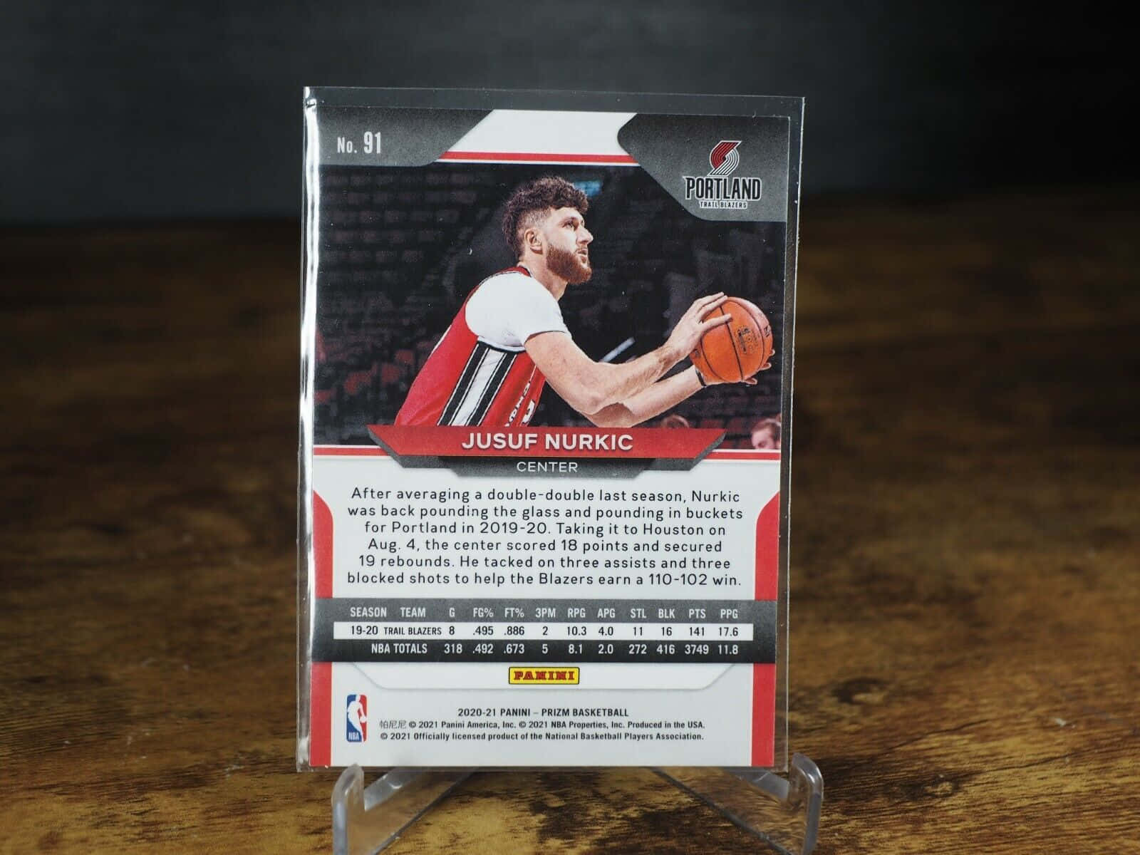 波斯尼亞職業籃球員 Jusuf Nurkic 官方 NBA 交易卡 壁紙 — 一張波特蘭拓荒者隊的籃球交易卡，上面有 Jusuf Nurkic，在柔和燈光下直立於木桌上。