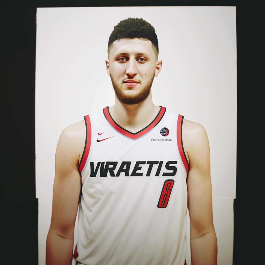 波斯尼亞職業籃球員 Jusuf Nurkic 壁紙 — 一名身穿白色球衣、印有「VRAETIS」和8號的籃球運動員站在純白色背景前。
