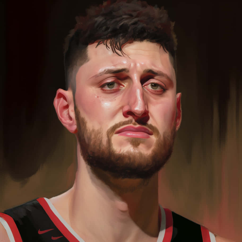 波斯尼亞職業籃球員 Jusuf Nurkic 數位插畫 壁紙 — 一位留鬍鬚的籃球運動員的 close-up 肖像，身穿黑、紅、白球衣，在戲劇性燈光下展現嚴肅而強烈的表情。