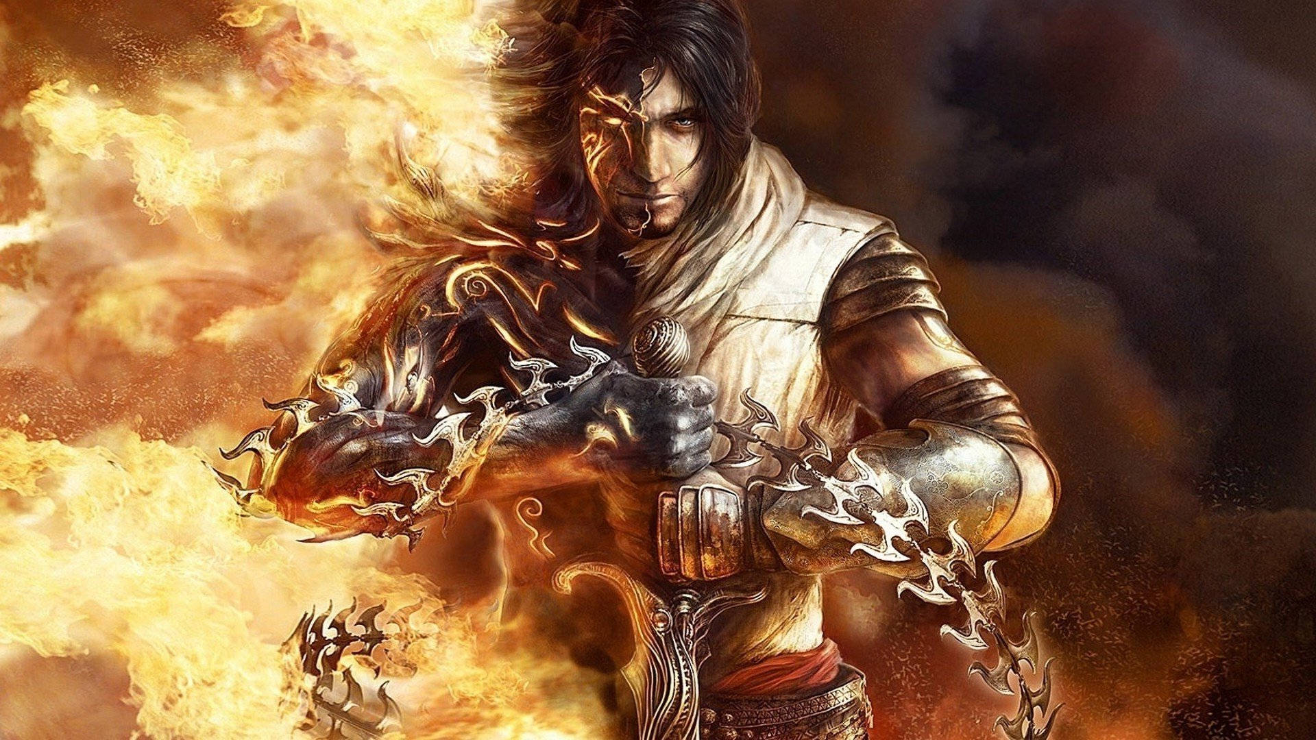 波斯王子：雙重人格 壁紙 — 一位黑髮、眼神銳利的戰士，在黑暗煙霧繚繞的背景中，於旋轉的橙色和黃色火焰中揮舞著一把火焰劍。
