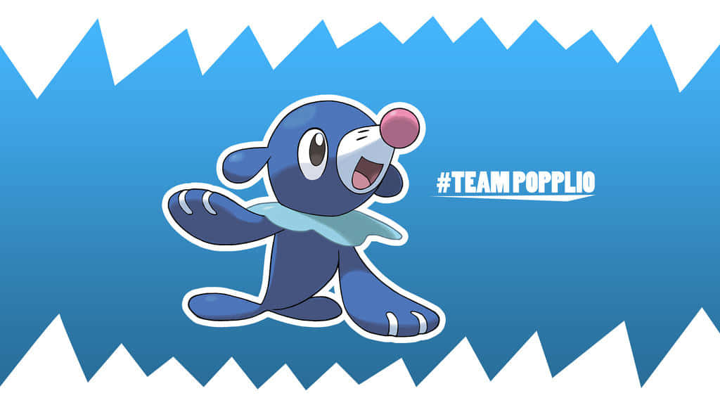 Popplio 吉祥物喺藍色背景上跳躍，表情開心，背景有鋸齒狀白色邊框。